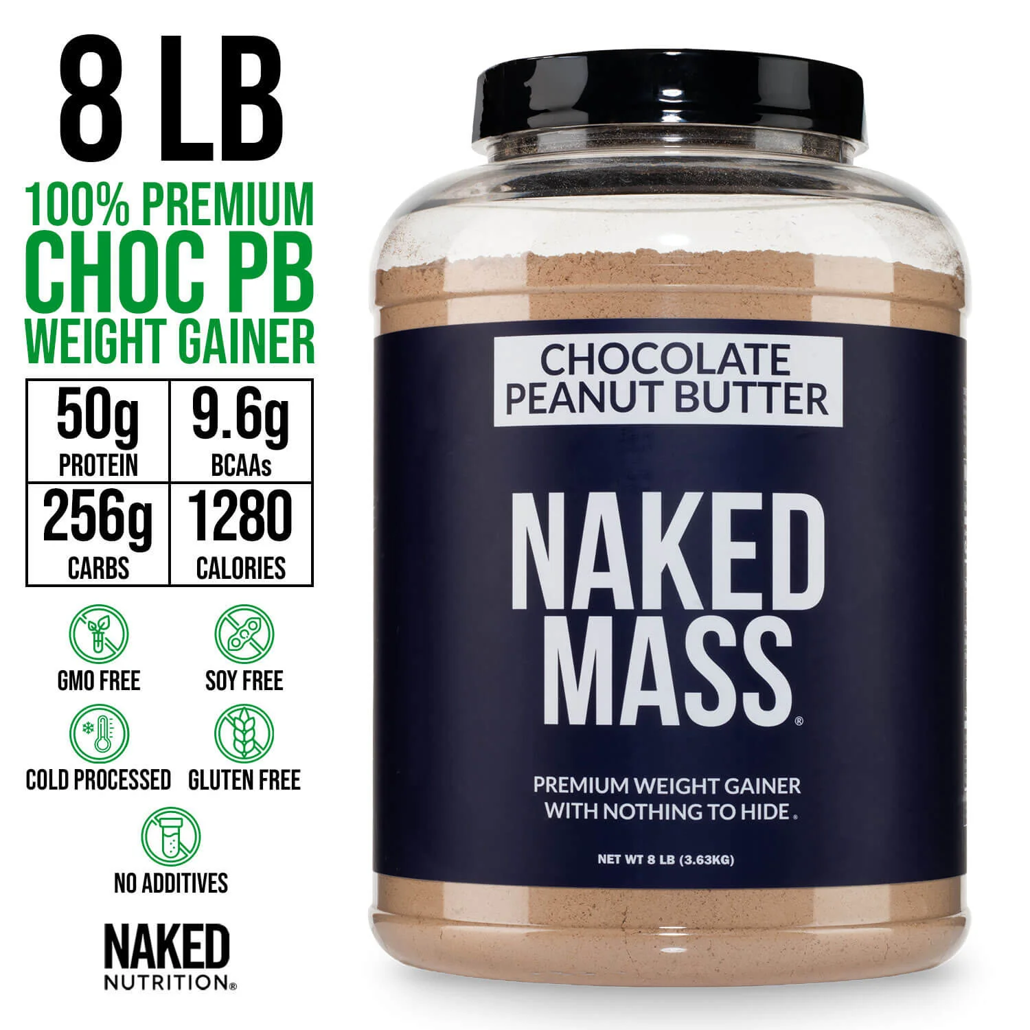 Chocolate Peanut Butter Mass Gainer Protein Supplement | Naked Mass - 8LB - Image 3